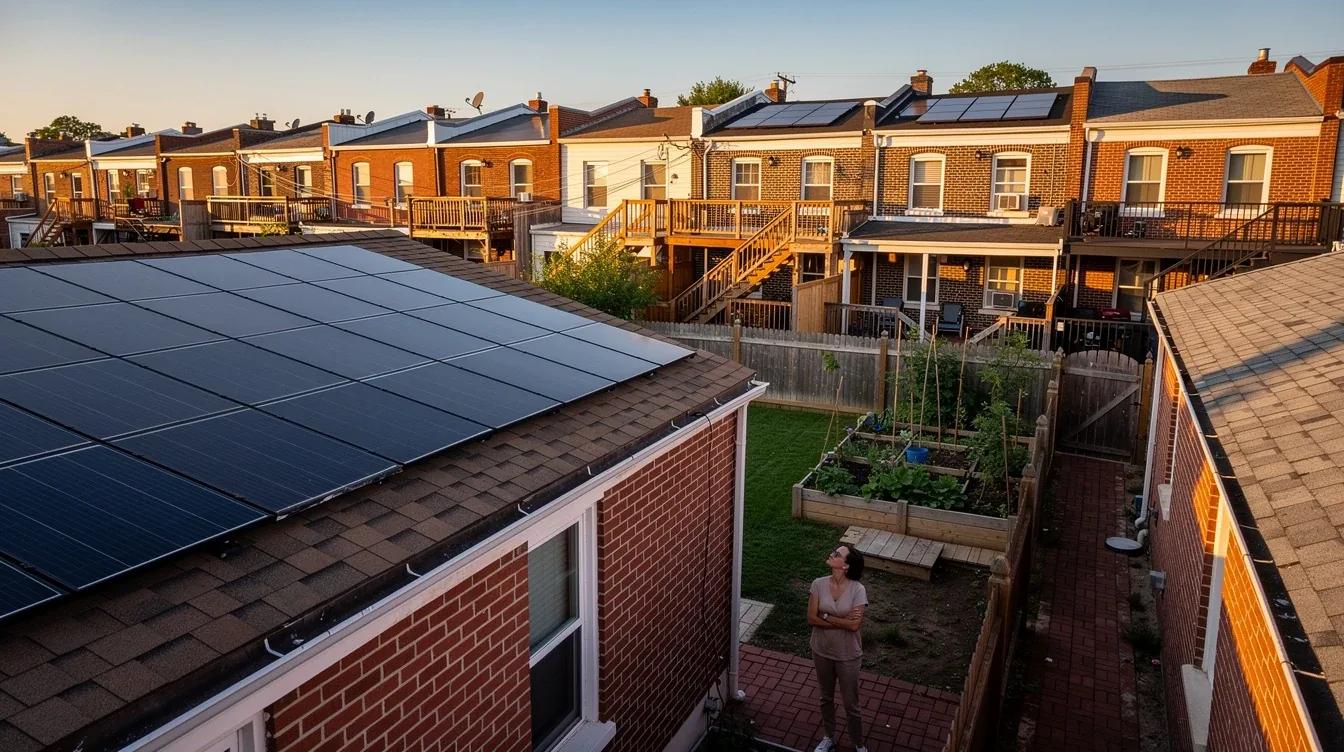 DC row house rooftop with solar panels installed, viewed from a neighboring property in Petworth — energy companies near me search resolved through solar ownership
