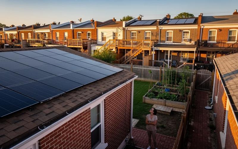 DC row house rooftop with solar panels installed, viewed from a neighboring property in Petworth — energy companies near me search resolved through solar ownership