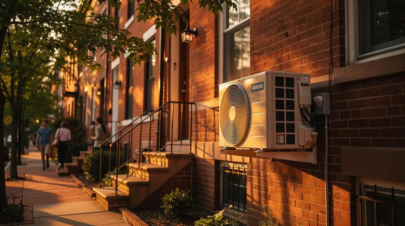 Heat pump outdoor unit installed on the side of a DC rowhouse with brick facade, Washington DC