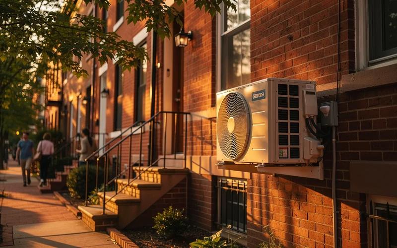Heat pump outdoor unit installed on the side of a DC rowhouse with brick facade, Washington DC