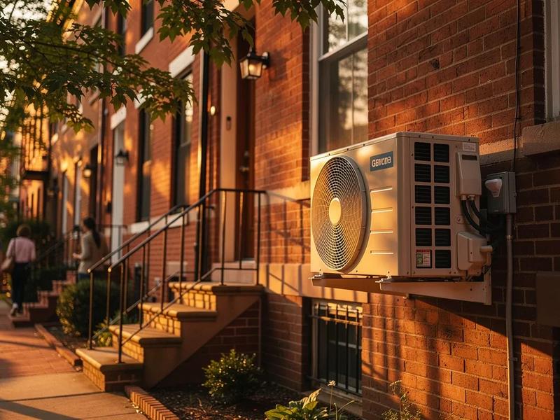 Heat pump outdoor unit installed on the side of a DC rowhouse with brick facade, Washington DC