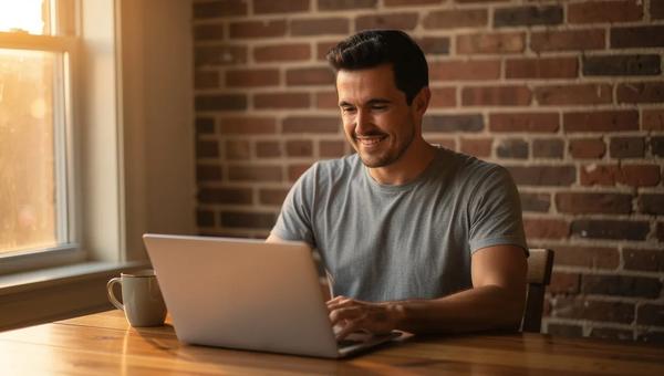 DC homeowner checking SREC earnings on a laptop at a kitchen table, morning light