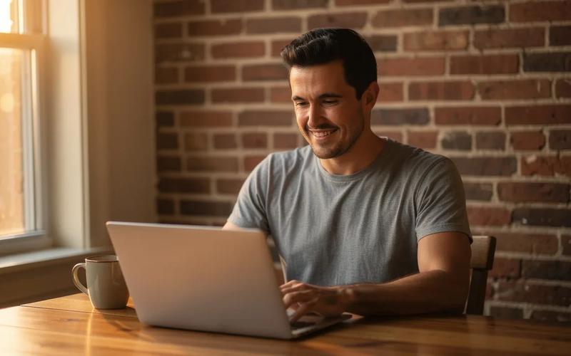DC homeowner checking SREC earnings on a laptop at a kitchen table, morning light