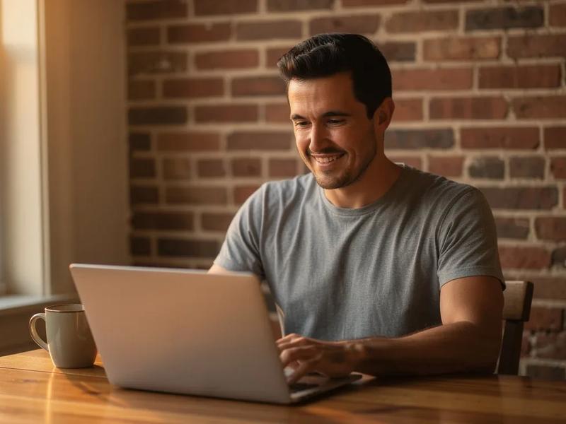 DC homeowner checking SREC earnings on a laptop at a kitchen table, morning light