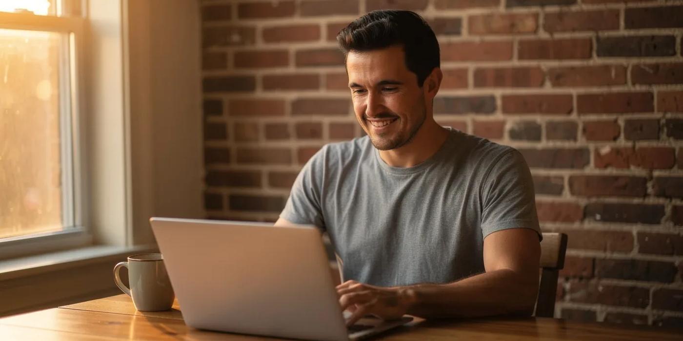DC homeowner checking SREC earnings on a laptop at a kitchen table, morning light