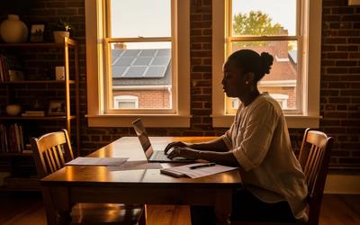 DC homeowner reviewing solar financing options at a kitchen table in a Petworth row house