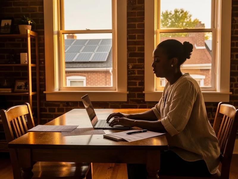 DC homeowner reviewing solar financing options at a kitchen table in a Petworth row house
