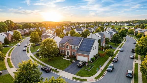 Maryland suburban home with solar panels on roof, blue sky, bright sunny day