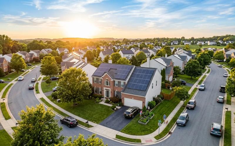 Maryland suburban home with solar panels on roof, blue sky, bright sunny day