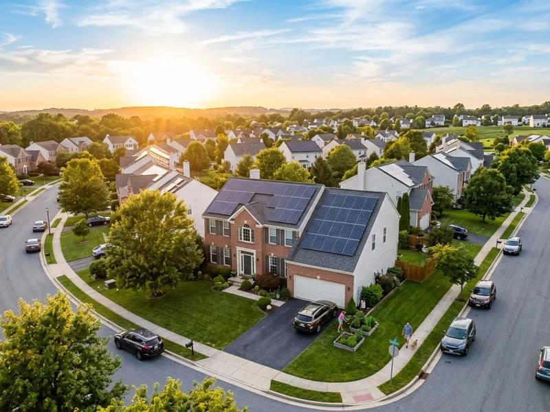 Maryland suburban home with solar panels on roof, blue sky, bright sunny day