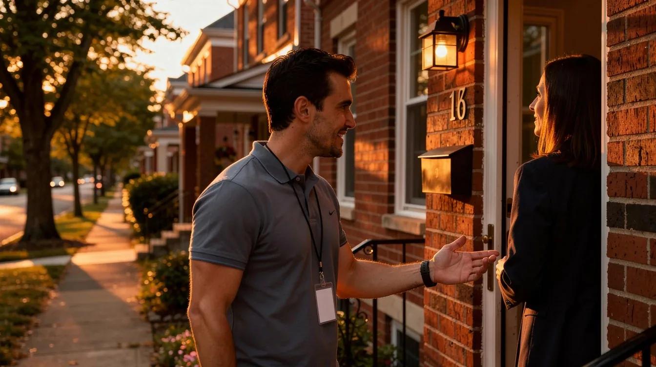 DC rowhouse front door with a solar salesperson on the porch, illustrating solar sales pressure tactics in Washington DC neighborhoods