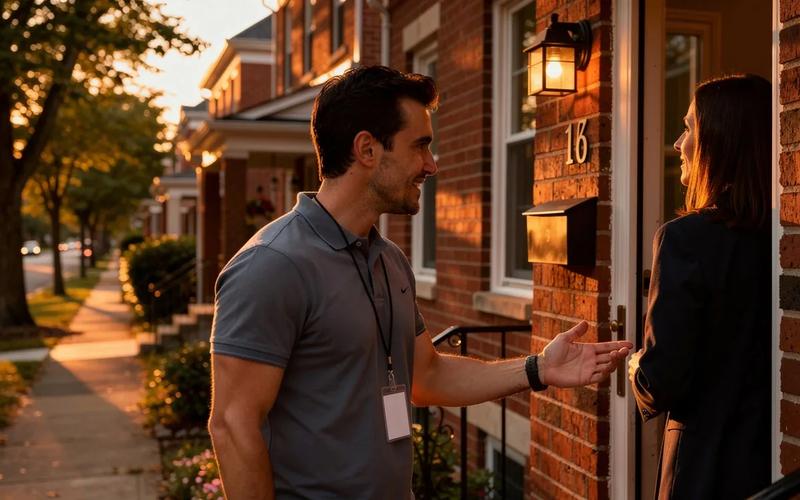 DC rowhouse front door with a solar salesperson on the porch, illustrating solar sales pressure tactics in Washington DC neighborhoods