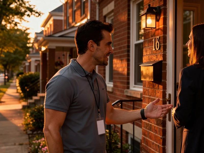 DC rowhouse front door with a solar salesperson on the porch, illustrating solar sales pressure tactics in Washington DC neighborhoods