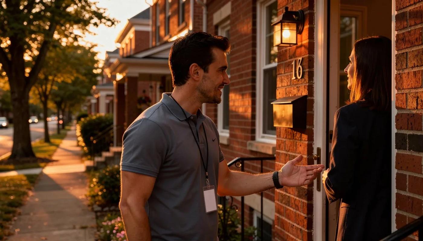 DC rowhouse front door with a solar salesperson on the porch, illustrating solar sales pressure tactics in Washington DC neighborhoods