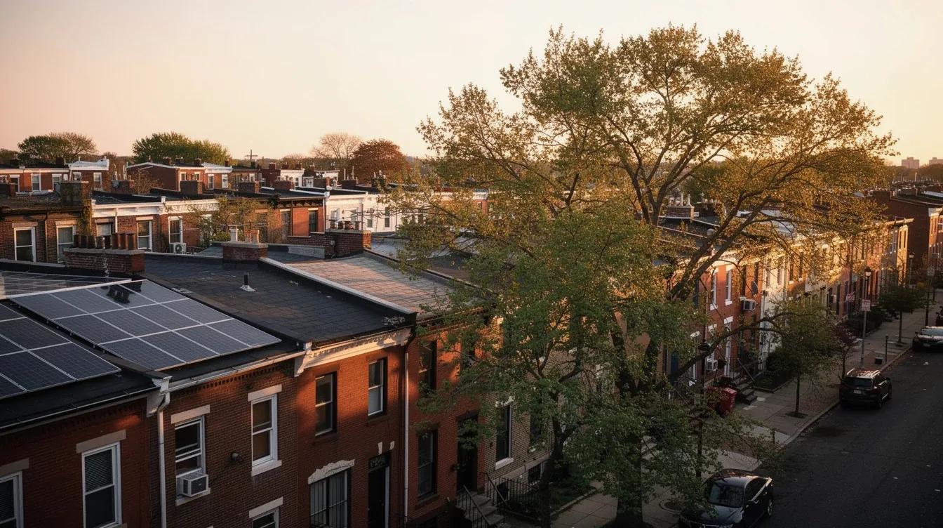Solar panels on a DC row house rooftop with Capitol Hill neighborhood visible in the background