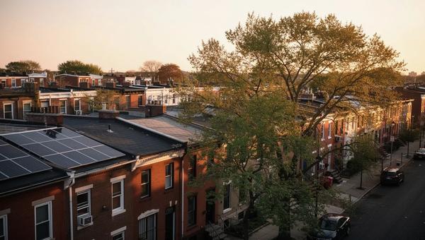 Solar panels on a DC row house rooftop with Capitol Hill neighborhood visible in the background