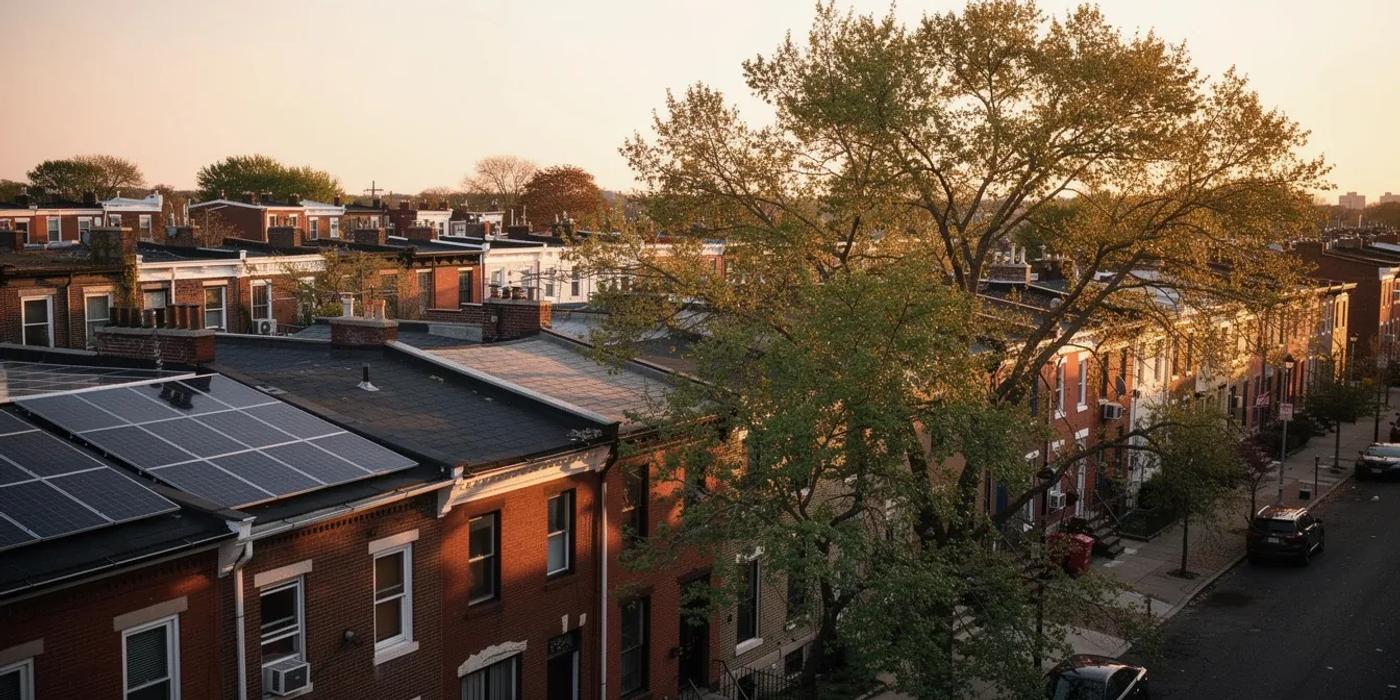 Solar panels on a DC row house rooftop with Capitol Hill neighborhood visible in the background