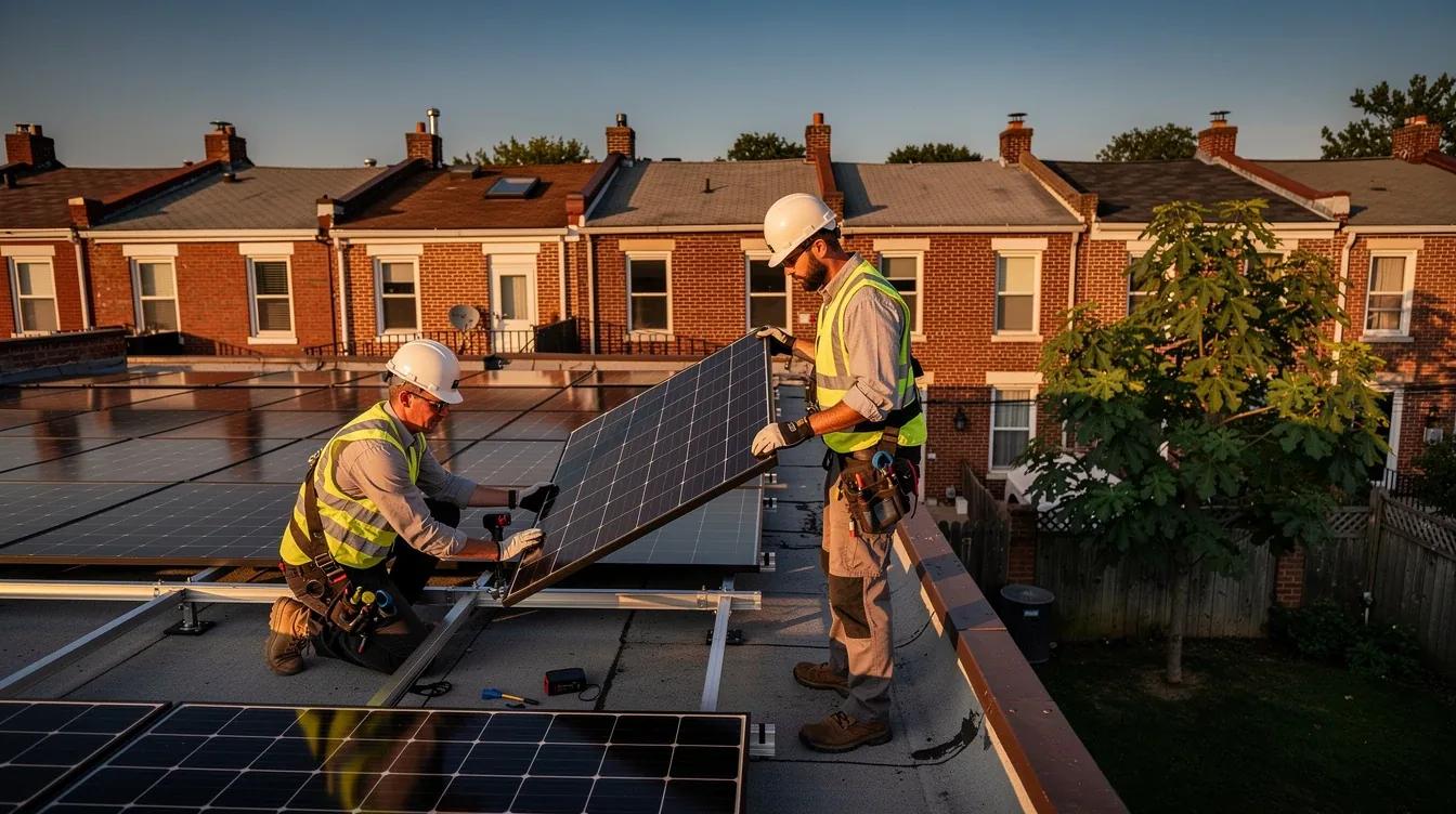 Solar panels installed on a brick row house rooftop in Washington DC, viewed from a neighboring yard on a clear summer afternoon