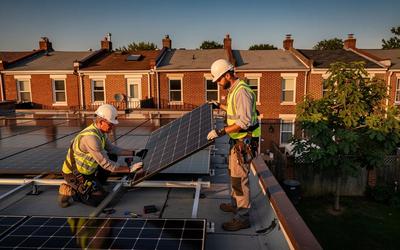 Solar panels installed on a brick row house rooftop in Washington DC, viewed from a neighboring yard on a clear summer afternoon