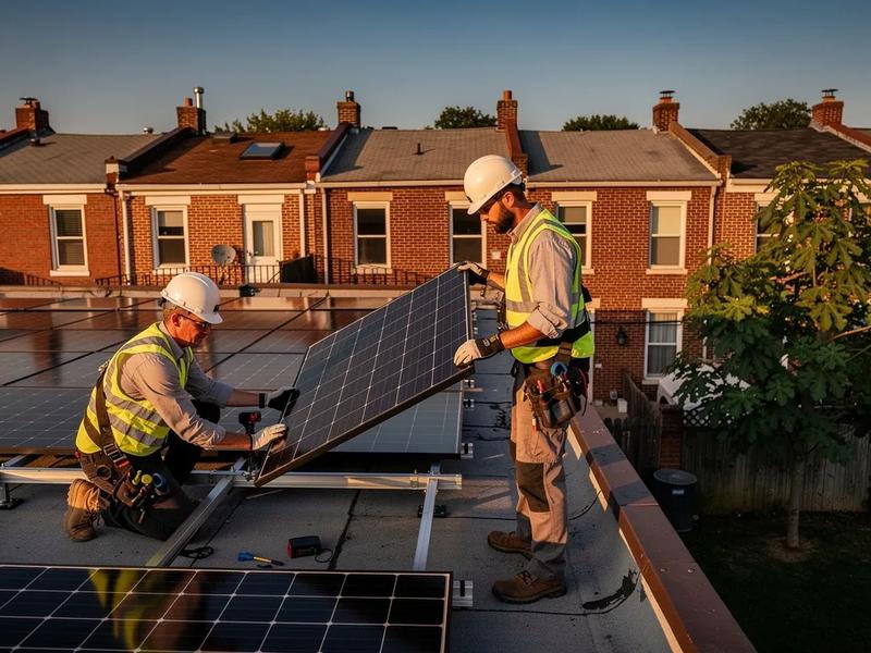Solar panels installed on a brick row house rooftop in Washington DC, viewed from a neighboring yard on a clear summer afternoon