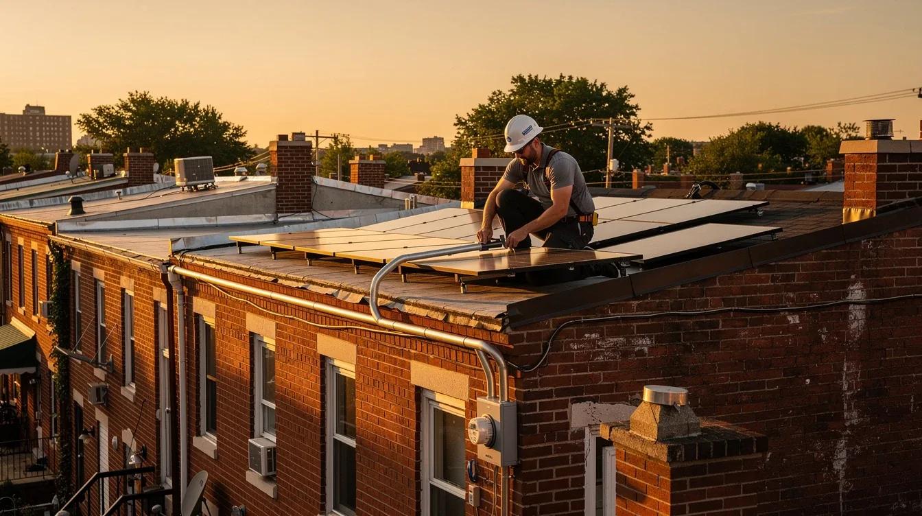 Solar panels installed on a DC row house roof with visible electrical conduit and Pepco meter — solar installation hidden costs context