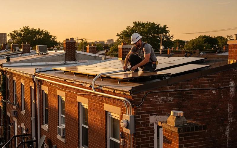 Solar panels installed on a DC row house roof with visible electrical conduit and Pepco meter — solar installation hidden costs context
