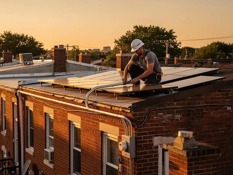 Solar panels installed on a DC row house roof with visible electrical conduit and Pepco meter — solar installation hidden costs context
