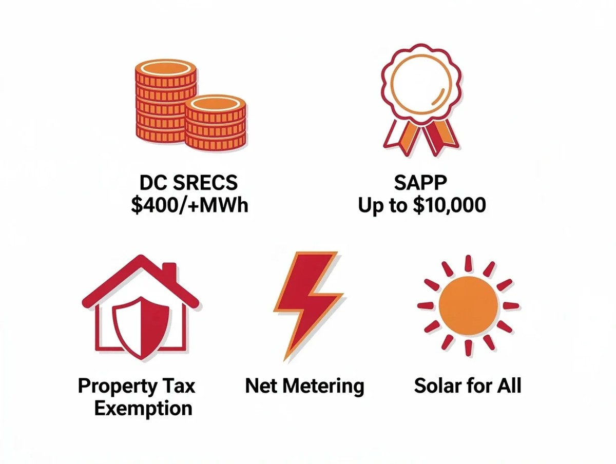 Infographic of DC solar incentives in 2026 including SRECs, SAPP rebate, net metering, and Solar for All