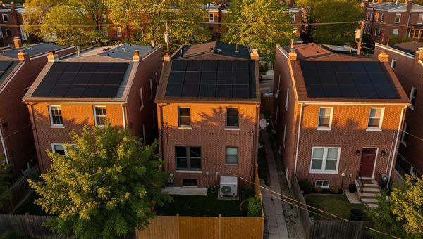 Solar panels on a DC row house roof with a heat pump outdoor unit visible in the alley below