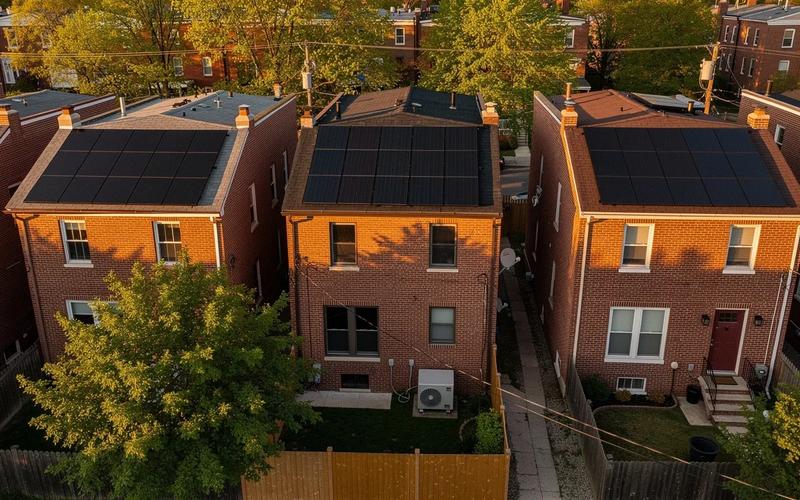 Solar panels on a DC row house roof with a heat pump outdoor unit visible in the alley below