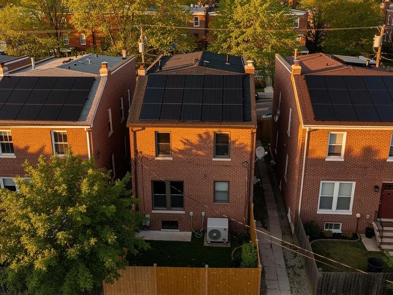 Solar panels on a DC row house roof with a heat pump outdoor unit visible in the alley below