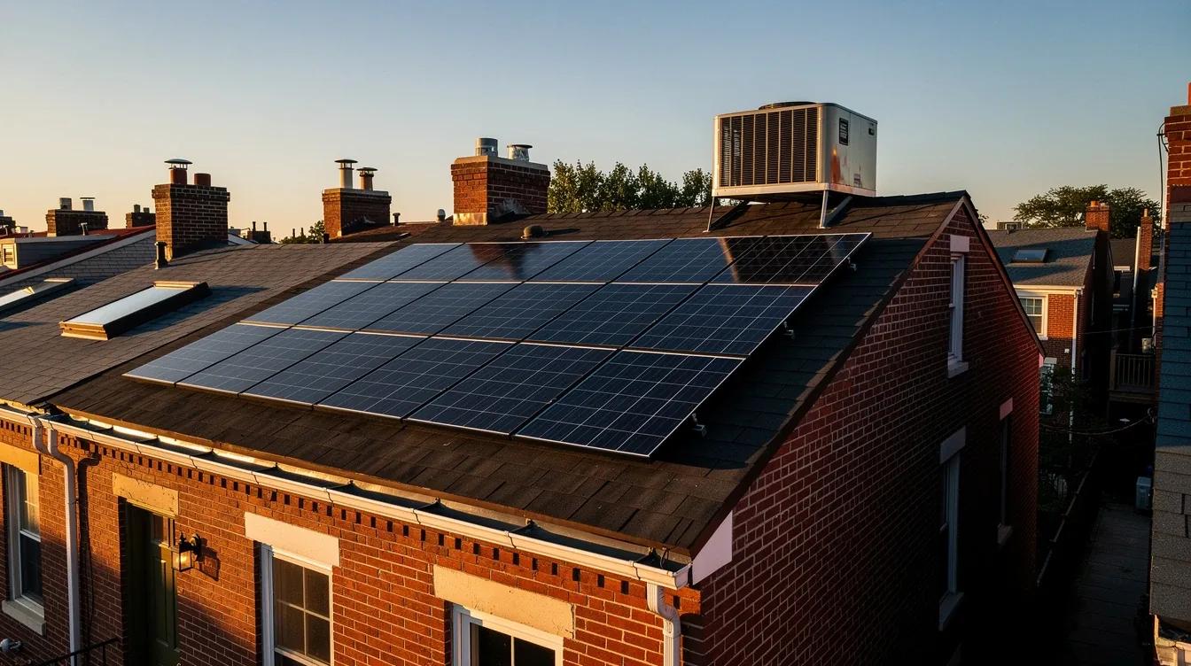 Solar panels installed on a DC row house rooftop with the Capitol dome visible in the background