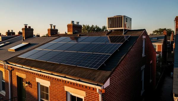 Solar panels installed on a DC row house rooftop with the Capitol dome visible in the background