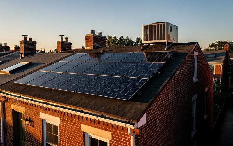 Solar panels installed on a DC row house rooftop with the Capitol dome visible in the background