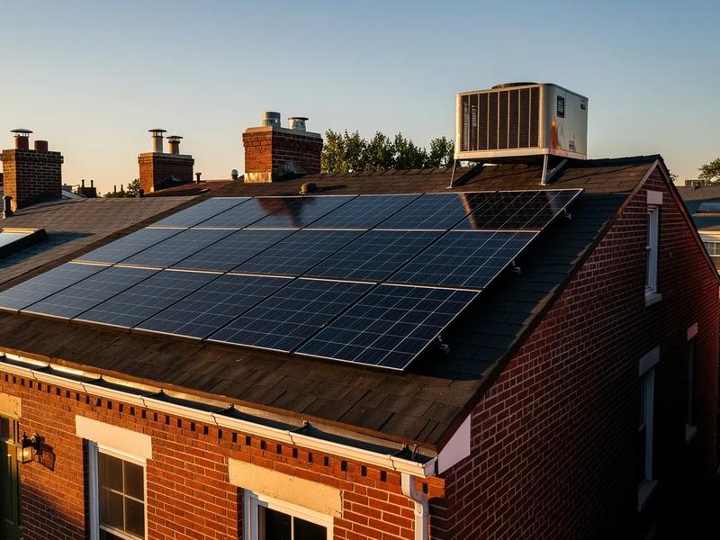 Solar panels installed on a DC row house rooftop with the Capitol dome visible in the background