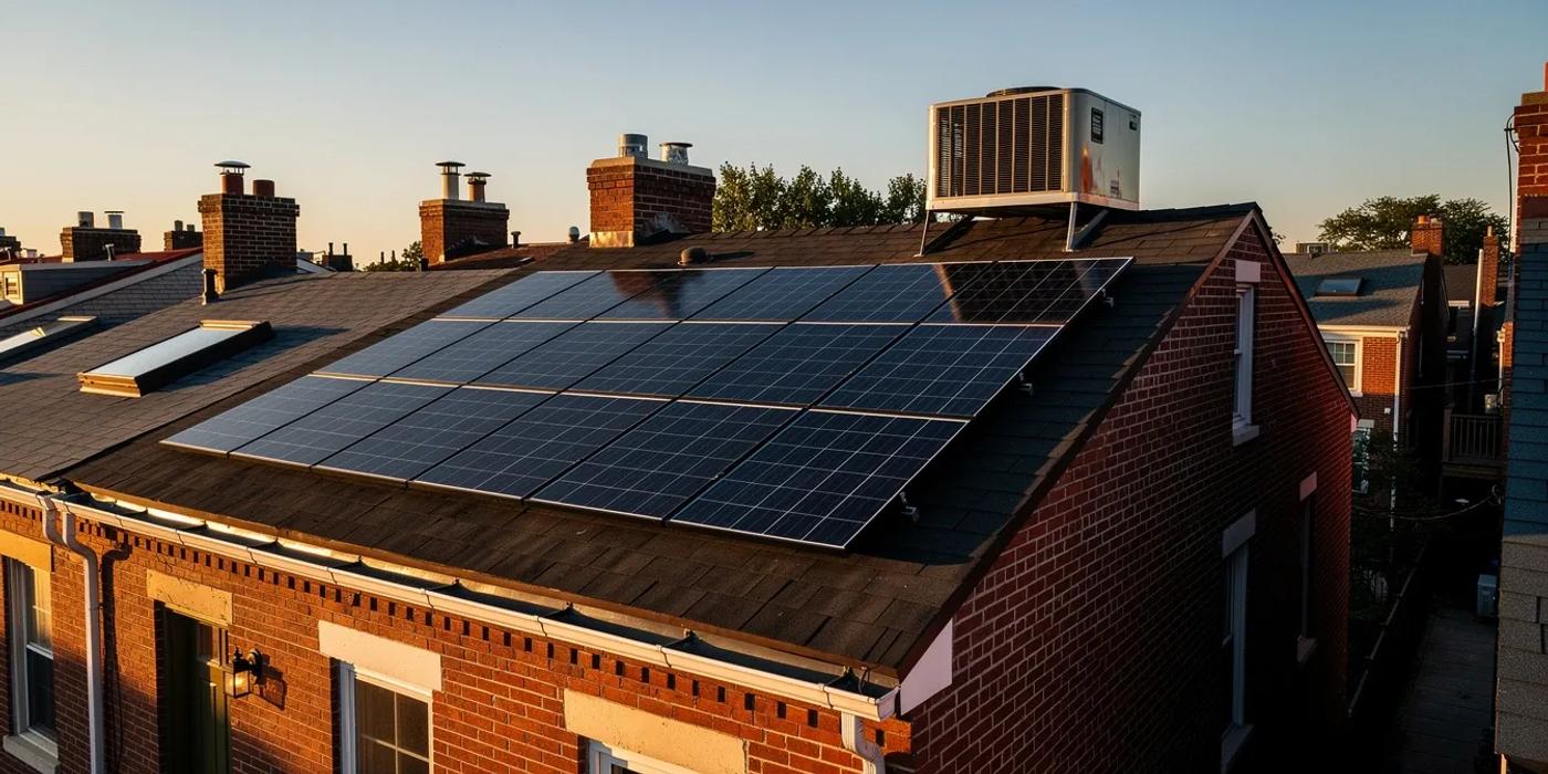 Solar panels installed on a DC row house rooftop with the Capitol dome visible in the background