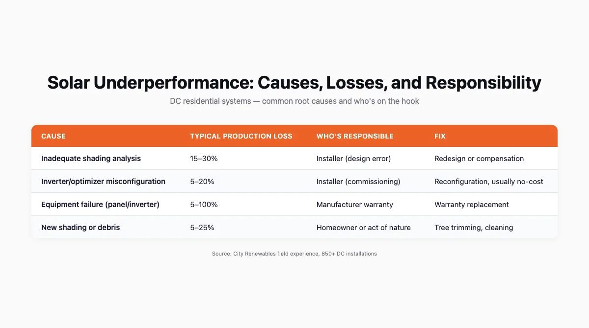 Table comparing the four causes of solar system underperformance — shading analysis failure, inverter misconfiguration, equipment failure, and new shading — with typical production loss, responsible party, and fix for each