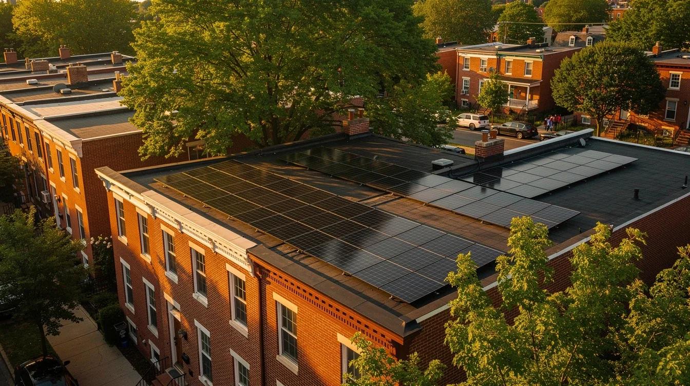 Solar panels on a DC rowhouse roof with partial tree shading visible from a mature oak