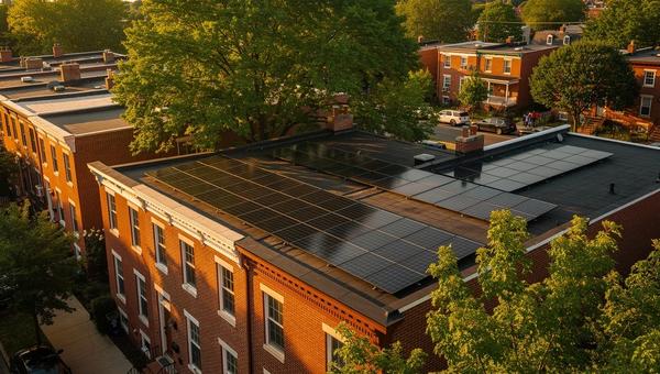 Solar panels on a DC rowhouse roof with partial tree shading visible from a mature oak
