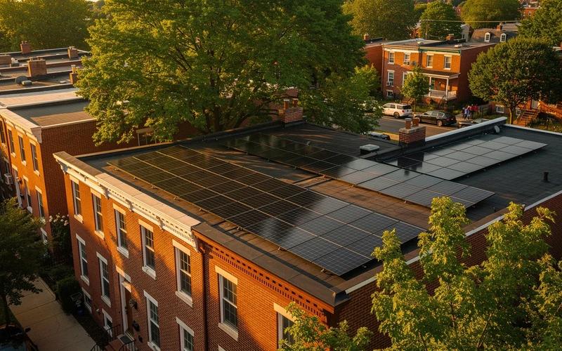 Solar panels on a DC rowhouse roof with partial tree shading visible from a mature oak
