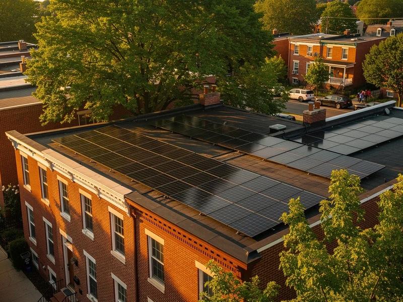 Solar panels on a DC rowhouse roof with partial tree shading visible from a mature oak