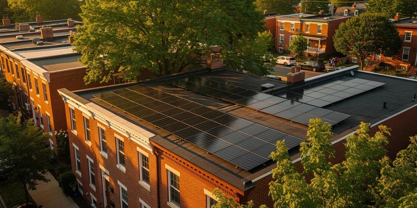 Solar panels on a DC rowhouse roof with partial tree shading visible from a mature oak