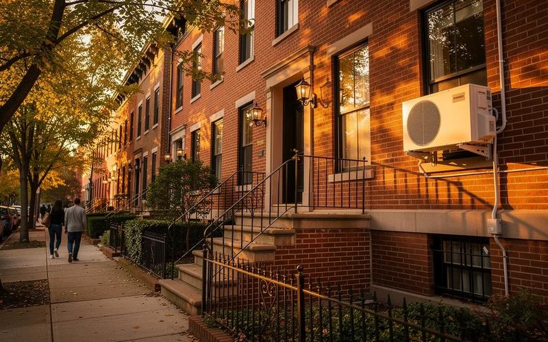 DC rowhouse with new heat pump unit installed outside, representing DC weatherization rebates in 2026