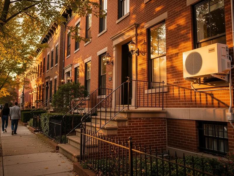 DC rowhouse with new heat pump unit installed outside, representing DC weatherization rebates in 2026
