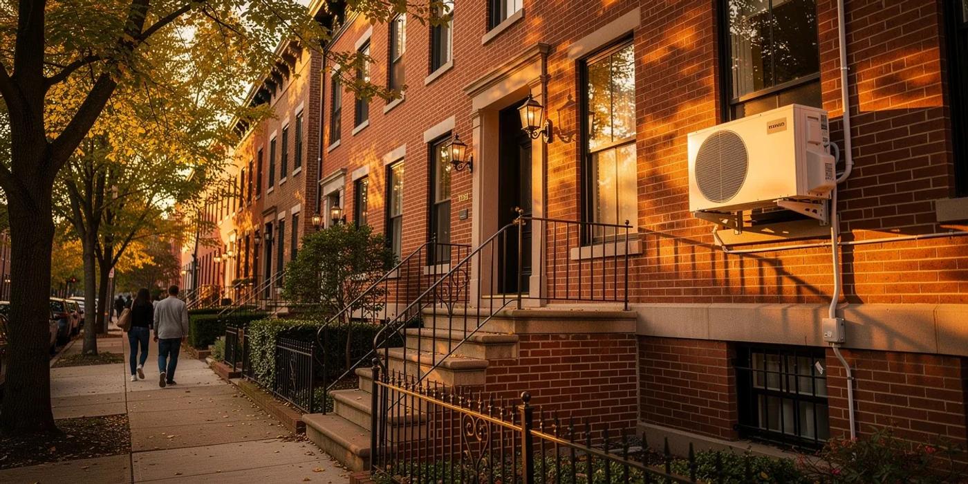 DC rowhouse with new heat pump unit installed outside, representing DC weatherization rebates in 2026