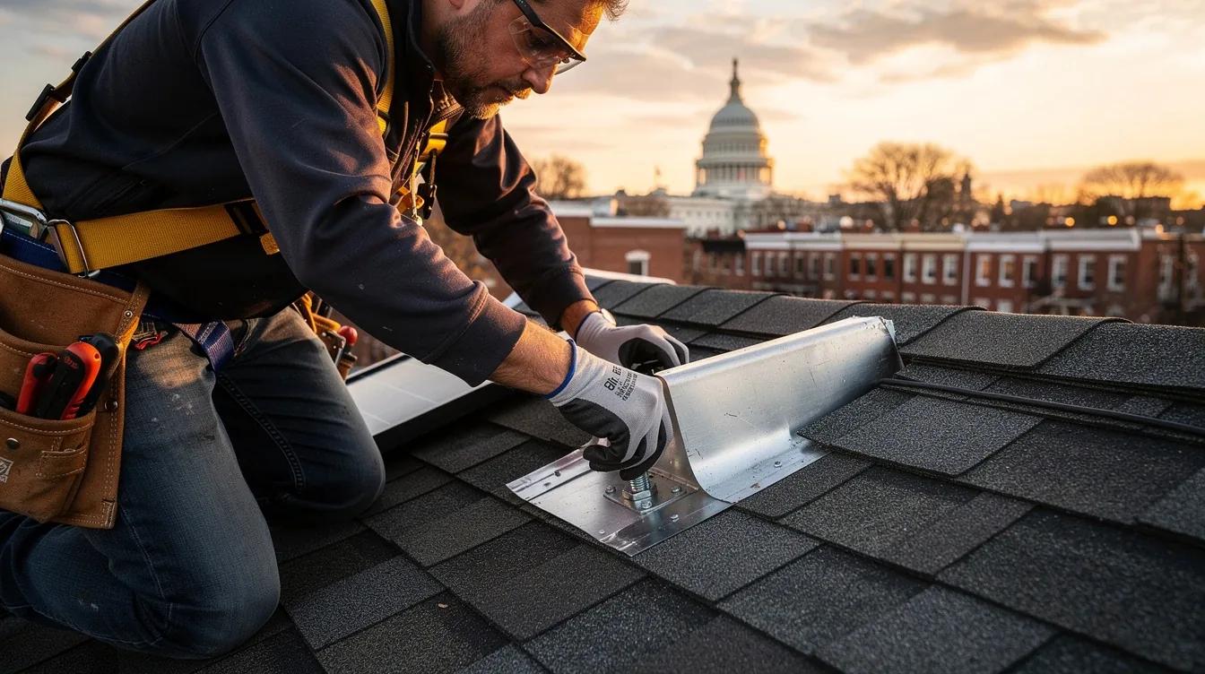 Solar panel mounting hardware and flashing detail on a DC row house roof during installation