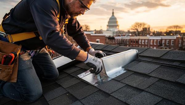 Solar panel mounting hardware and flashing detail on a DC row house roof during installation