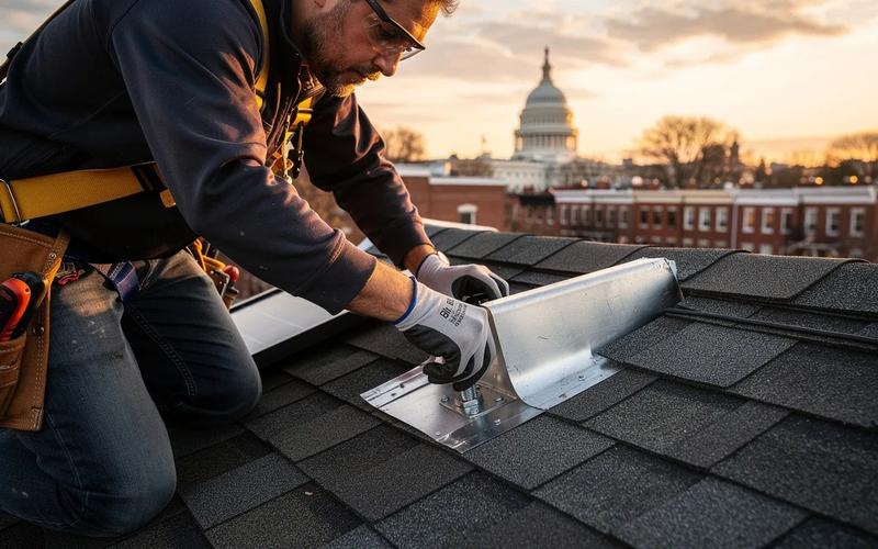 Solar panel mounting hardware and flashing detail on a DC row house roof during installation