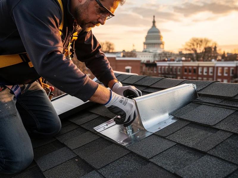 Solar panel mounting hardware and flashing detail on a DC row house roof during installation