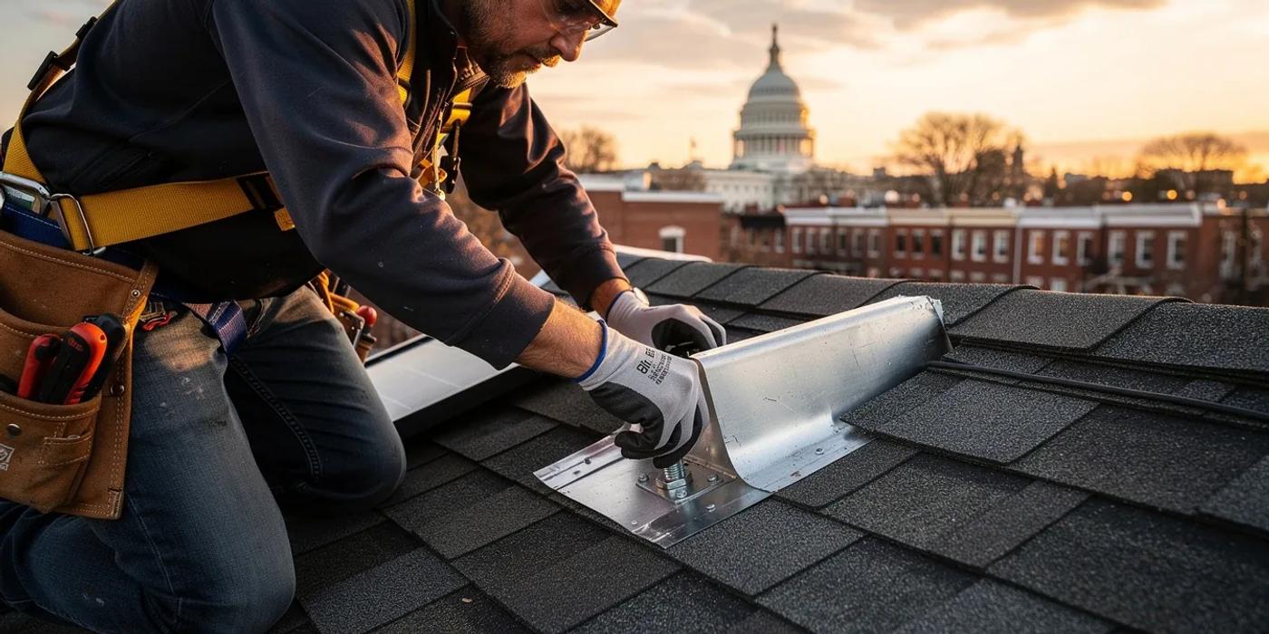 Solar panel mounting hardware and flashing detail on a DC row house roof during installation